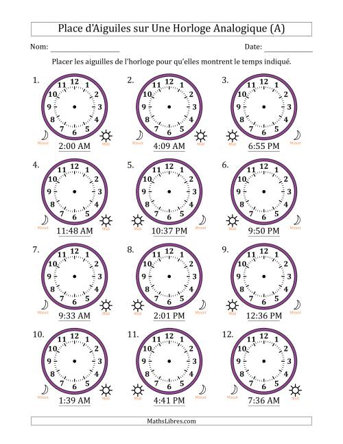 Place d'Aiguiles sur Une Horloge Analogique utilisant le système horaire sur 12 heures avec 1 Minutes d'Intervalle (12 Horloges) (A)
