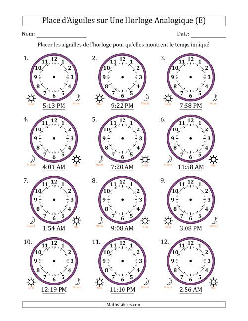 Place d'Aiguiles sur Une Horloge Analogique utilisant le système horaire sur 12 heures avec 1 Minutes d'Intervalle (12 Horloges) (E)
