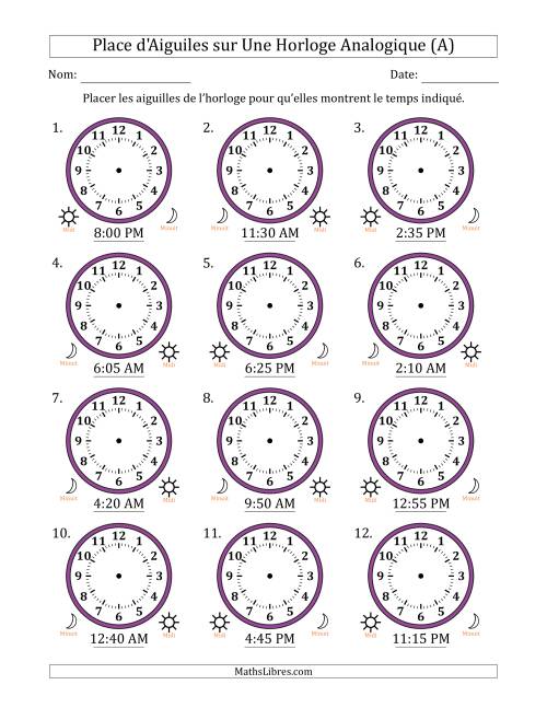 Place d'Aiguiles sur Une Horloge Analogique utilisant le système horaire sur 12 heures avec 5 Minutes d'Intervalle (12 Horloges) (A)