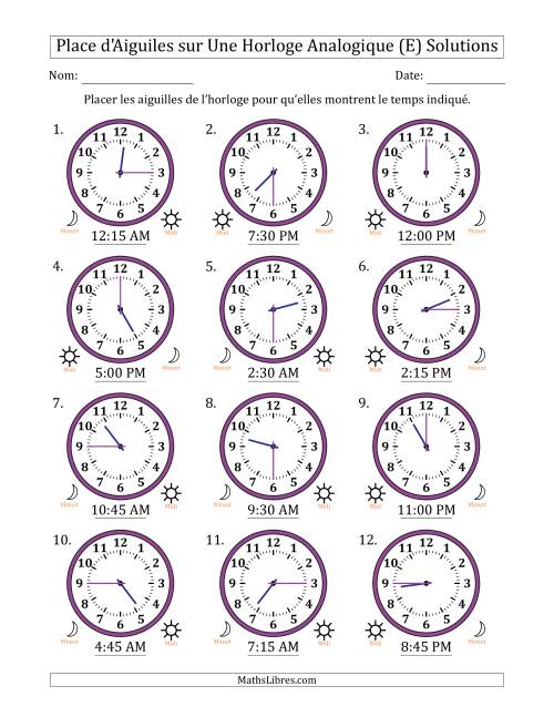Place d'Aiguiles sur Une Horloge Analogique utilisant le système horaire sur 12 heures avec 15 Minutes d'Intervalle (12 Horloges) (E) page 2