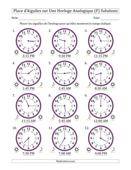 Place d'Aiguiles sur Une Horloge Analogique utilisant le système horaire sur 12 heures avec 15 Minutes d'Intervalle (12 Horloges) (F) page 2