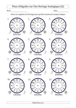 Place d'Aiguiles sur Une Horloge Analogique utilisant le système horaire sur 24 heures avec 30 Minutes d'Intervalle (12 Horloges)