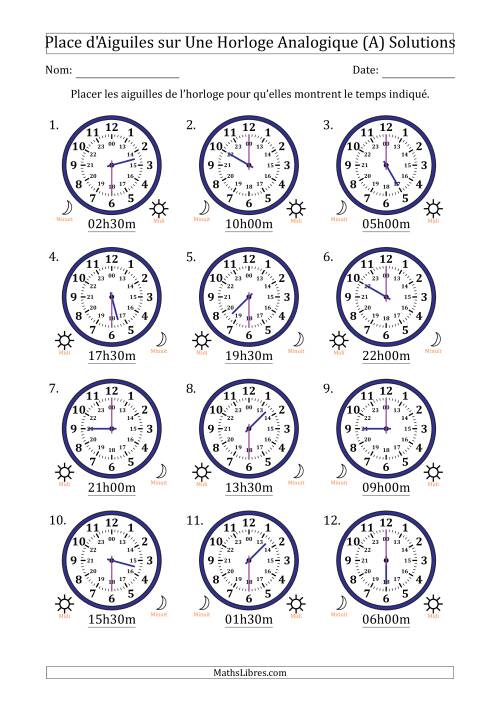 Place d'Aiguiles sur Une Horloge Analogique utilisant le système horaire sur 24 heures avec 30 Minutes d'Intervalle (12 Horloges) (A) page 2