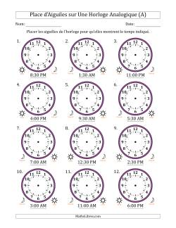 Place d'Aiguiles sur Une Horloge Analogique utilisant le système horaire sur 12 heures avec 30 Minutes d'Intervalle (12 Horloges)