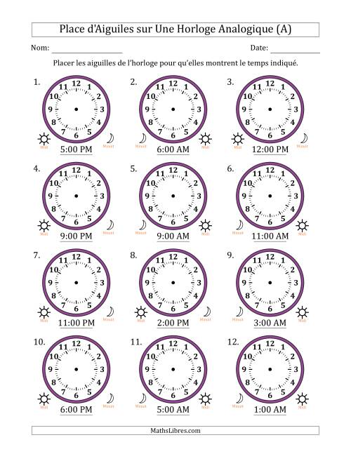 Place d'Aiguiles sur Une Horloge Analogique utilisant le système horaire sur 12 heures avec 1 Heures d'Intervalle (12 Horloges) (A)