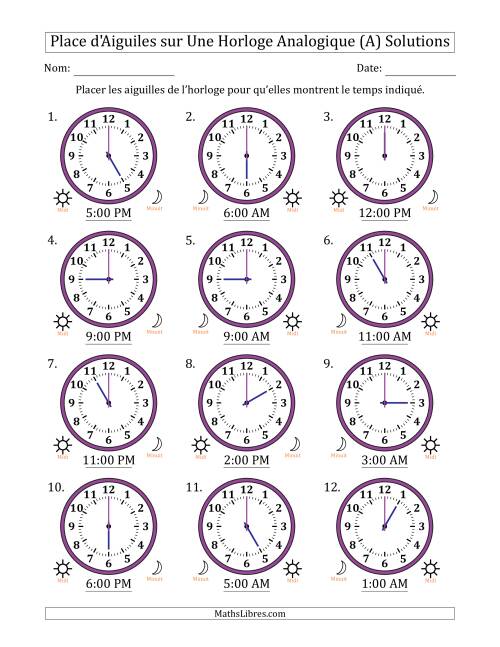 Place d'Aiguiles sur Une Horloge Analogique utilisant le système horaire sur 12 heures avec 1 Heures d'Intervalle (12 Horloges) (A) page 2