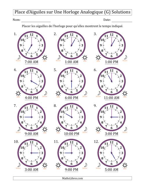 Place d'Aiguiles sur Une Horloge Analogique utilisant le système horaire sur 12 heures avec 1 Heures d'Intervalle (12 Horloges) (G) page 2