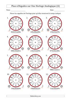 Place d'Aiguiles sur Une Horloge Analogique utilisant le système horaire sur 24 heures avec 1 Secondes d'Intervalle (12 Horloges)