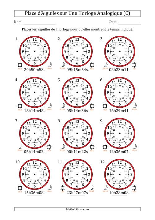 Place d'Aiguiles sur Une Horloge Analogique utilisant le système horaire sur 24 heures avec 1 Secondes d'Intervalle (12 Horloges) (C)