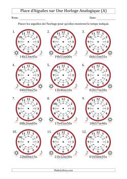 Place d'Aiguiles sur Une Horloge Analogique utilisant le système horaire sur 24 heures avec 5 Secondes d'Intervalle (12 Horloges)