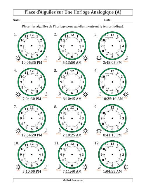 Place d'Aiguiles sur Une Horloge Analogique utilisant le système horaire sur 12 heures avec 5 Secondes d'Intervalle (12 Horloges) (A)