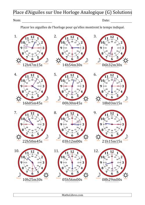 Place d'Aiguiles sur Une Horloge Analogique utilisant le système horaire sur 24 heures avec 15 Secondes d'Intervalle (12 Horloges) (G) page 2