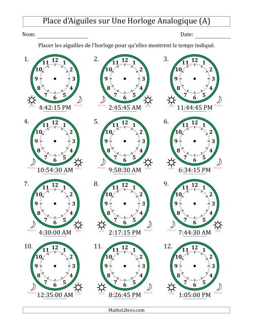 Place d'Aiguiles sur Une Horloge Analogique utilisant le système horaire sur 12 heures avec 15 Secondes d'Intervalle (12 Horloges) (A)