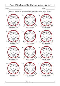 Place d'Aiguiles sur Une Horloge Analogique utilisant le système horaire sur 24 heures avec 30 Secondes d'Intervalle (12 Horloges)