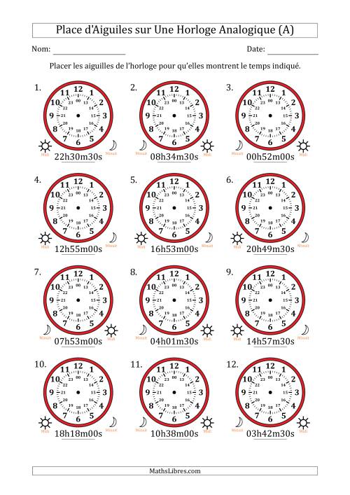 Place d'Aiguiles sur Une Horloge Analogique utilisant le système horaire sur 24 heures avec 30 Secondes d'Intervalle (12 Horloges) (A)