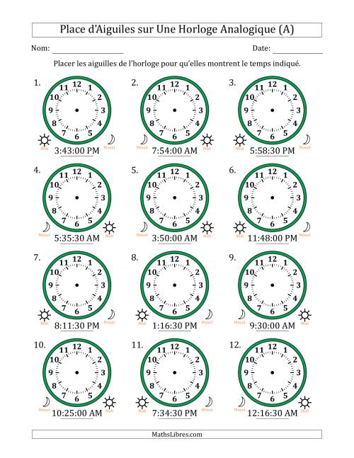 Place d'Aiguiles sur Une Horloge Analogique utilisant le système horaire sur 12 heures avec 30 Secondes d'Intervalle (12 Horloges) (A)