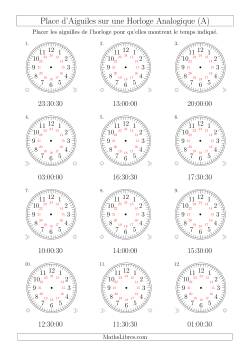 Place d'Aiguiles sur Une Horloge Analogique avec 60 Minutes & Secondes d'Intervalle (12 Horloges)