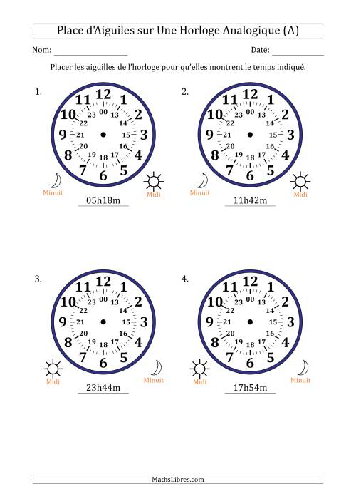 Place d'Aiguiles sur Une Horloge Analogique utilisant le système horaire sur 24 heures avec 1 Minutes d'Intervalle (4 Horloges) (A)