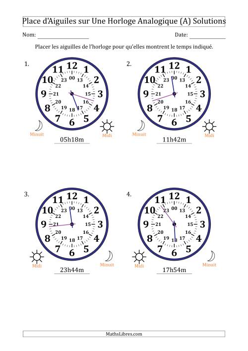 Place d'Aiguiles sur Une Horloge Analogique utilisant le système horaire sur 24 heures avec 1 Minutes d'Intervalle (4 Horloges) (A) page 2