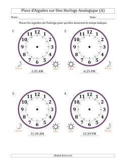 Place d'Aiguiles sur Une Horloge Analogique utilisant le système horaire sur 12 heures avec 1 Minutes d'Intervalle (4 Horloges)