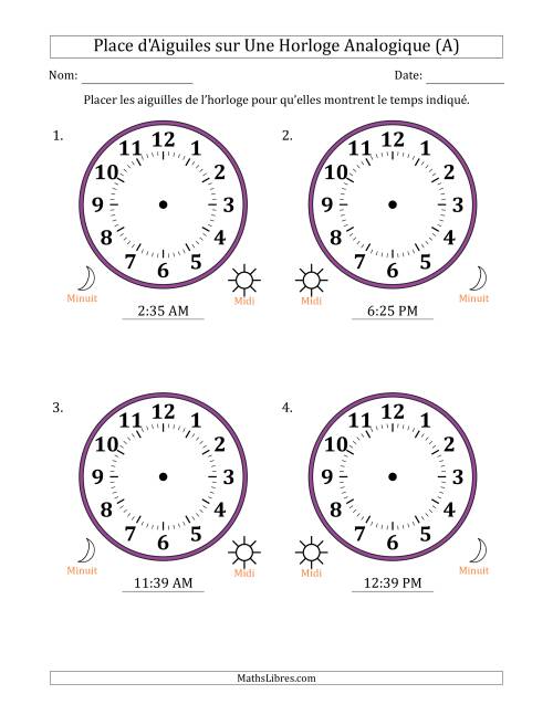 Place d'Aiguiles sur Une Horloge Analogique utilisant le système horaire sur 12 heures avec 1 Minutes d'Intervalle (4 Horloges) (A)