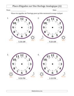Place d'Aiguiles sur Une Horloge Analogique utilisant le système horaire sur 12 heures avec 5 Minutes d'Intervalle (4 Horloges)