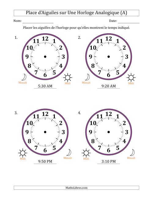 Place d'Aiguiles sur Une Horloge Analogique utilisant le système horaire sur 12 heures avec 5 Minutes d'Intervalle (4 Horloges) (A)