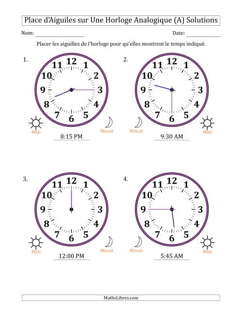 Place d'Aiguiles sur Une Horloge Analogique utilisant le système horaire sur 12 heures avec 15 Minutes d'Intervalle (4 Horloges) (A) page 2