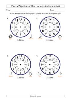 Place d'Aiguiles sur Une Horloge Analogique utilisant le système horaire sur 24 heures avec 30 Minutes d'Intervalle (4 Horloges)