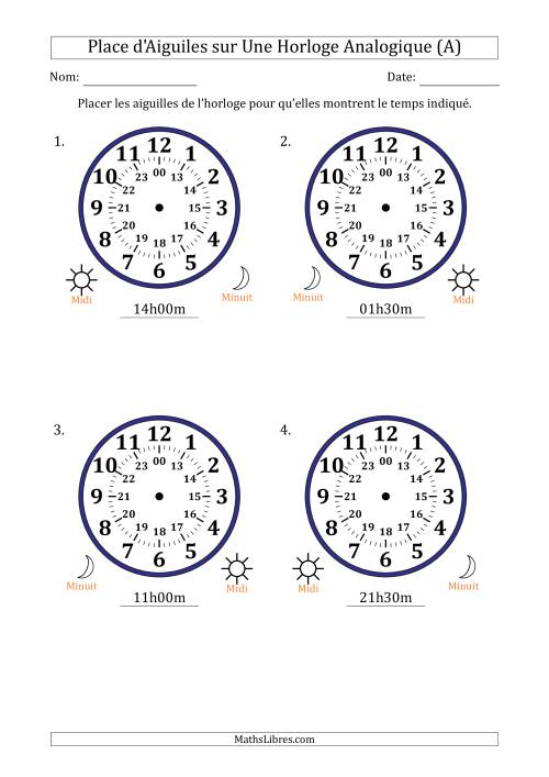 Place d'Aiguiles sur Une Horloge Analogique utilisant le système horaire sur 24 heures avec 30 Minutes d'Intervalle (4 Horloges) (A)