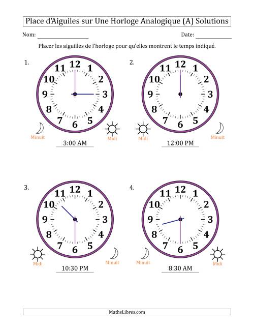 Place d'Aiguiles sur Une Horloge Analogique utilisant le système horaire sur 12 heures avec 30 Minutes d'Intervalle (4 Horloges) (A) page 2
