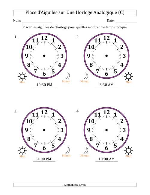 Place d'Aiguiles sur Une Horloge Analogique utilisant le système horaire sur 12 heures avec 30 Minutes d'Intervalle (4 Horloges) (C)