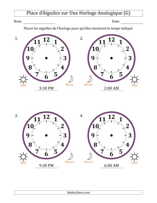 Place d'Aiguiles sur Une Horloge Analogique utilisant le système horaire sur 12 heures avec 30 Minutes d'Intervalle (4 Horloges) (G)