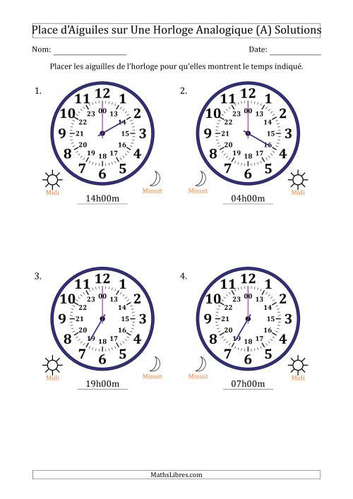 Place d'Aiguiles sur Une Horloge Analogique utilisant le système horaire sur 24 heures avec 1 Heures d'Intervalle (4 Horloges) (A) page 2