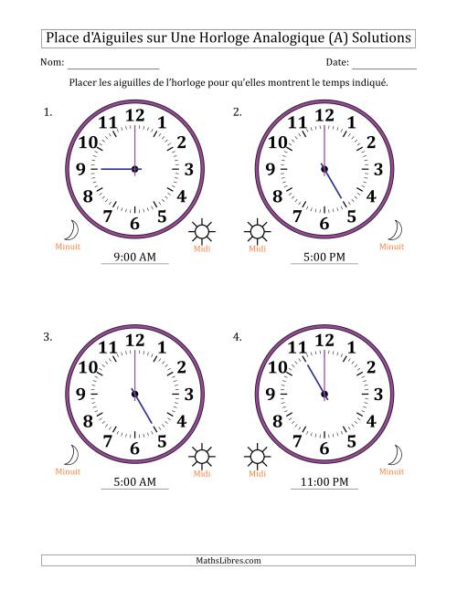 Place d'Aiguiles sur Une Horloge Analogique utilisant le système horaire sur 12 heures avec 1 Heures d'Intervalle (4 Horloges) (A) page 2