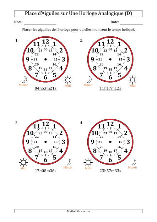 Place d'Aiguiles sur Une Horloge Analogique utilisant le système horaire sur 24 heures avec 1 Secondes d'Intervalle (4 Horloges) (D)