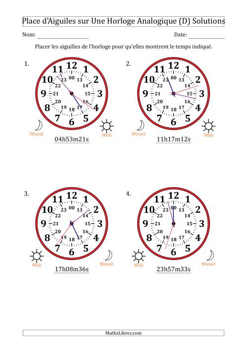 Place d'Aiguiles sur Une Horloge Analogique utilisant le système horaire sur 24 heures avec 1 Secondes d'Intervalle (4 Horloges) (D) page 2