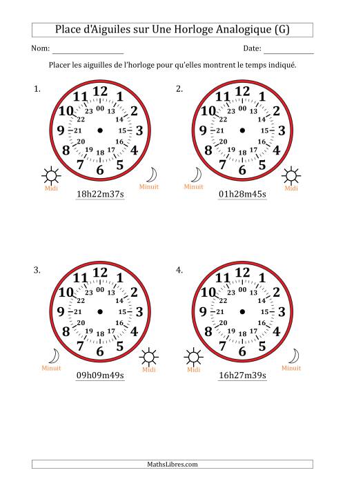 Place d'Aiguiles sur Une Horloge Analogique utilisant le système horaire sur 24 heures avec 1 Secondes d'Intervalle (4 Horloges) (G)