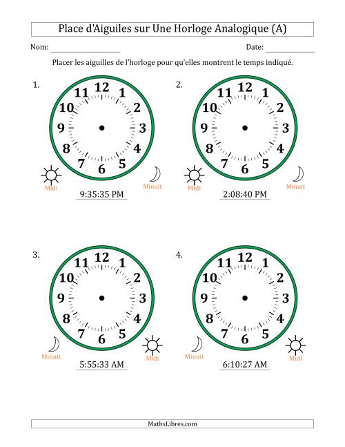 Place d'Aiguiles sur Une Horloge Analogique utilisant le système horaire sur 12 heures avec 1 Secondes d'Intervalle (4 Horloges) (A)