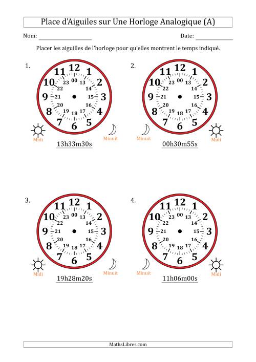 Place d'Aiguiles sur Une Horloge Analogique utilisant le système horaire sur 24 heures avec 5 Secondes d'Intervalle (4 Horloges) (A)