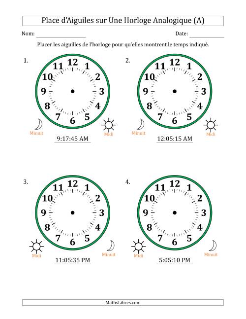 Place d'Aiguiles sur Une Horloge Analogique utilisant le système horaire sur 12 heures avec 5 Secondes d'Intervalle (4 Horloges) (A)