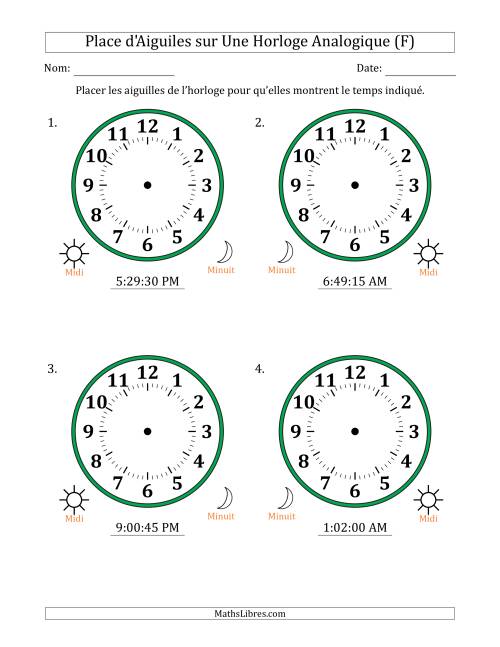 Place d'Aiguiles sur Une Horloge Analogique utilisant le système horaire sur 12 heures avec 15 Secondes d'Intervalle (4 Horloges) (F)