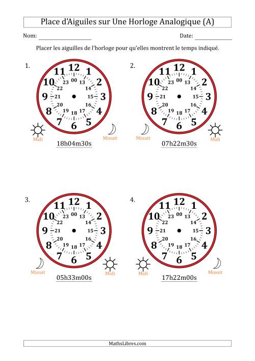 Place d'Aiguiles sur Une Horloge Analogique utilisant le système horaire sur 24 heures avec 30 Secondes d'Intervalle (4 Horloges) (A)