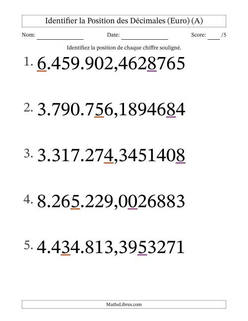 Identifier la position, des Nombres Décimaux de Dix-Millionième aux Millions (Gros Caractères), Format Euro (A)