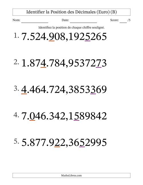 Identifier la position, des Nombres Décimaux de Dix-Millionième aux Millions (Gros Caractères), Format Euro (B)
