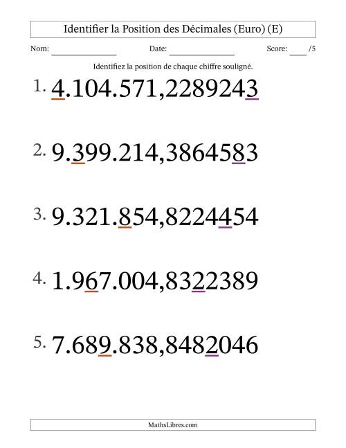 Identifier la position, des Nombres Décimaux de Dix-Millionième aux Millions (Gros Caractères), Format Euro (E)