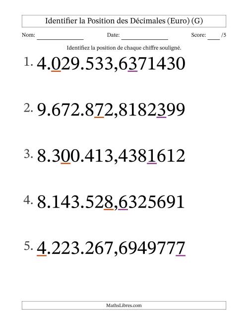Identifier la position, des Nombres Décimaux de Dix-Millionième aux Millions (Gros Caractères), Format Euro (G)
