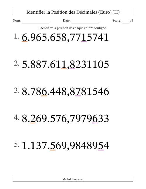 Identifier la position, des Nombres Décimaux de Dix-Millionième aux Millions (Gros Caractères), Format Euro (H)