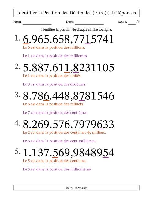 Identifier la position, des Nombres Décimaux de Dix-Millionième aux Millions (Gros Caractères), Format Euro (H) page 2