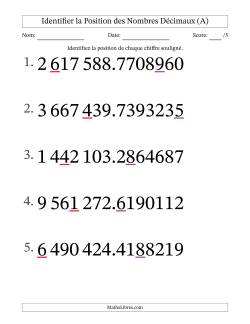 Identifier la position, des Nombres Décimaux de Dix-Millionième aux Millions (Gros Caractères), Format SI
